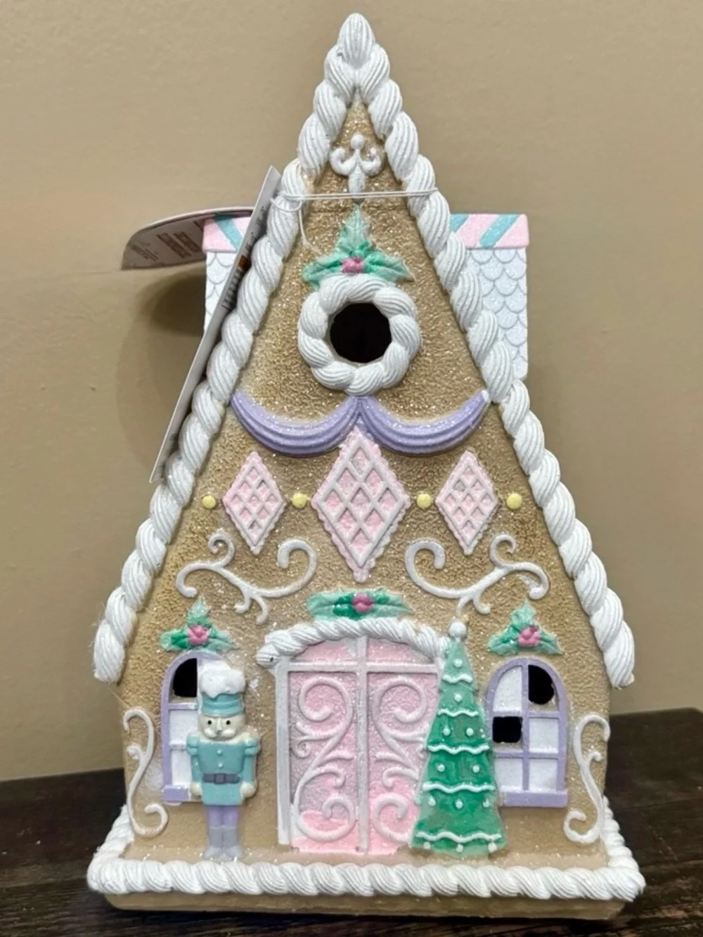 Holiday Pastel Gingerbread Birdhouse - Pink & White Decorative Home Accent